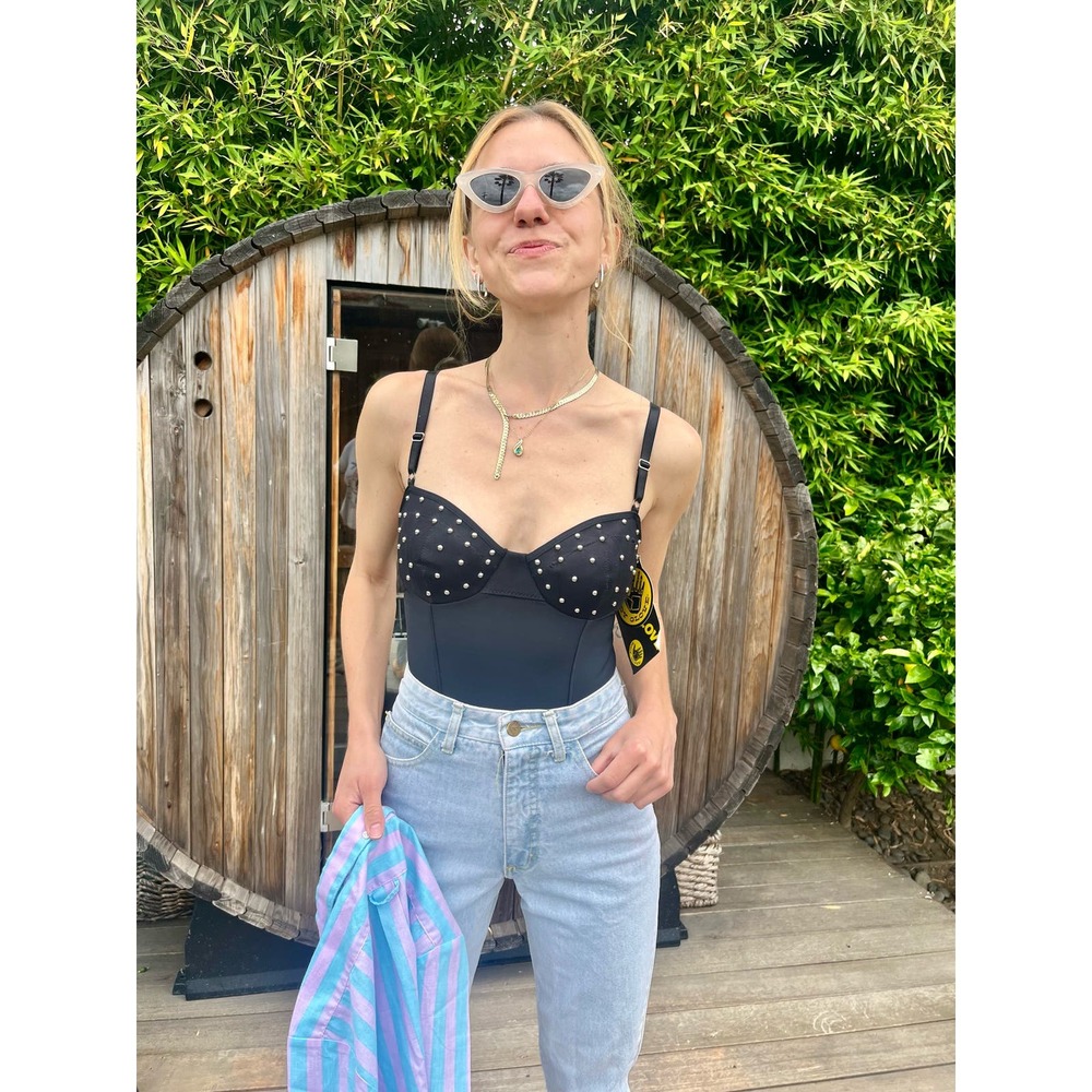 DEADSTOCK 80s Studded Black One Piece Swimsuit